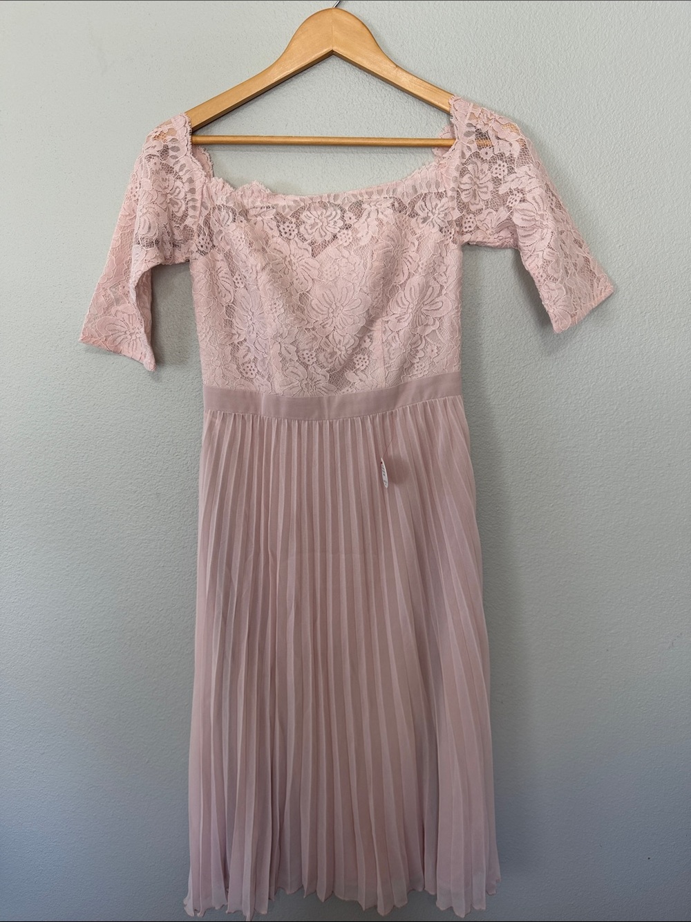 Blush Lace Off-Shoulder Pleated Midi Chrissy Dress Cottage Core Size UK 8